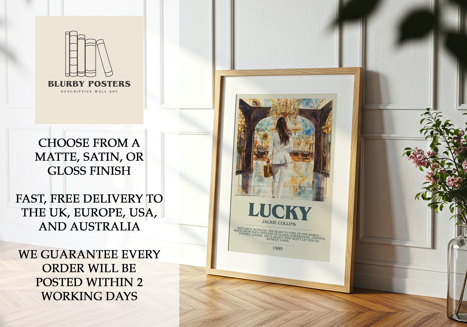 Lucky by Jackie Collins Descriptive Poster Print. Free Delivery Wall Art Author & Blurb Book Artwork Novel