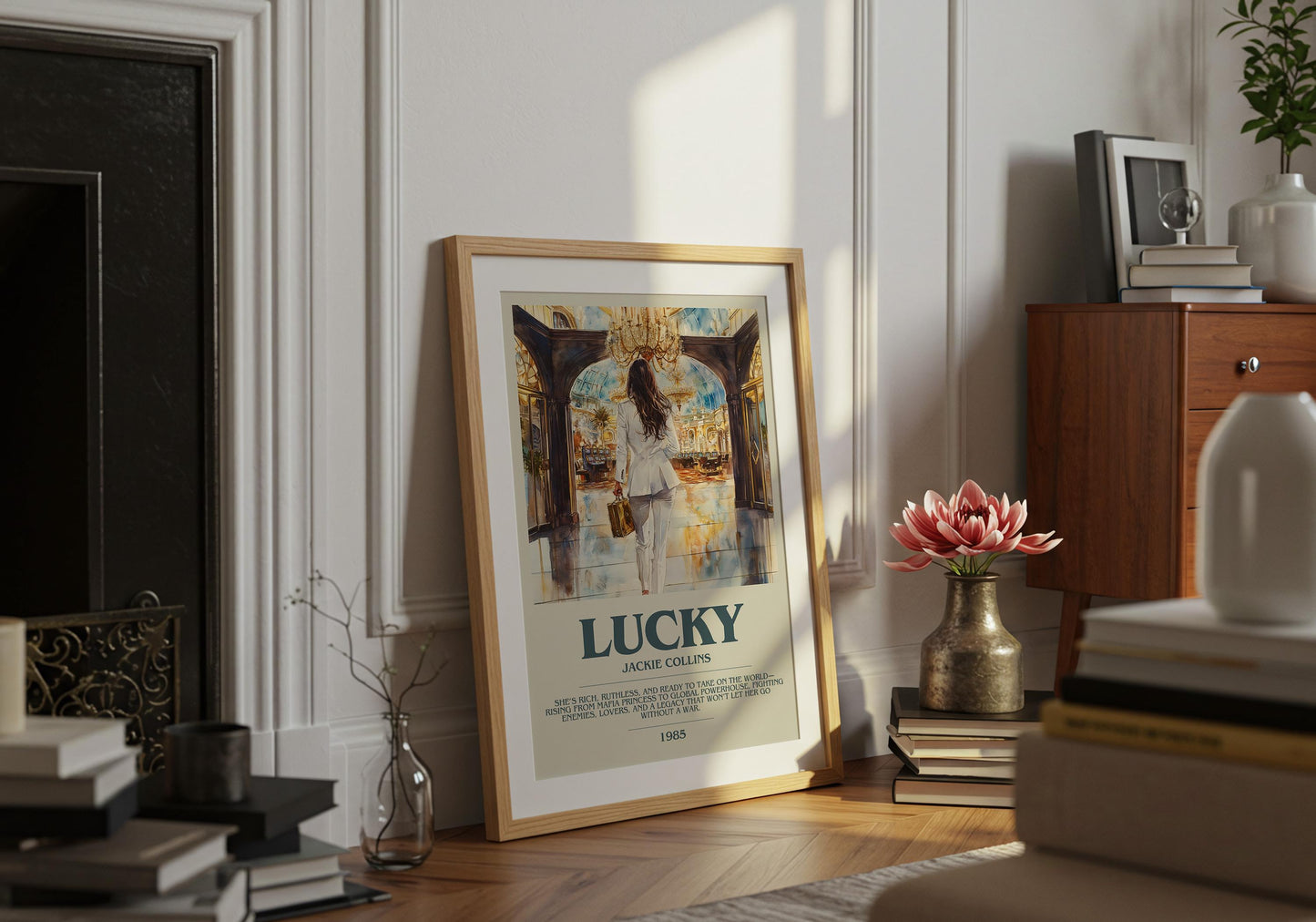 Lucky by Jackie Collins Descriptive Poster Print. Free Delivery Wall Art Author & Blurb Book Artwork Novel