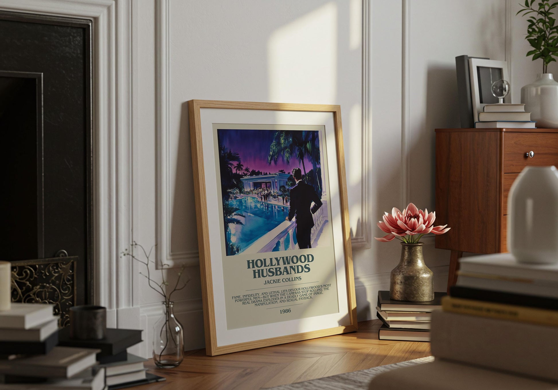 Hollywood Husbands by Jackie Collins Descriptive Poster Print. Free Delivery Wall Art Author & Blurb Book Artwork Novel