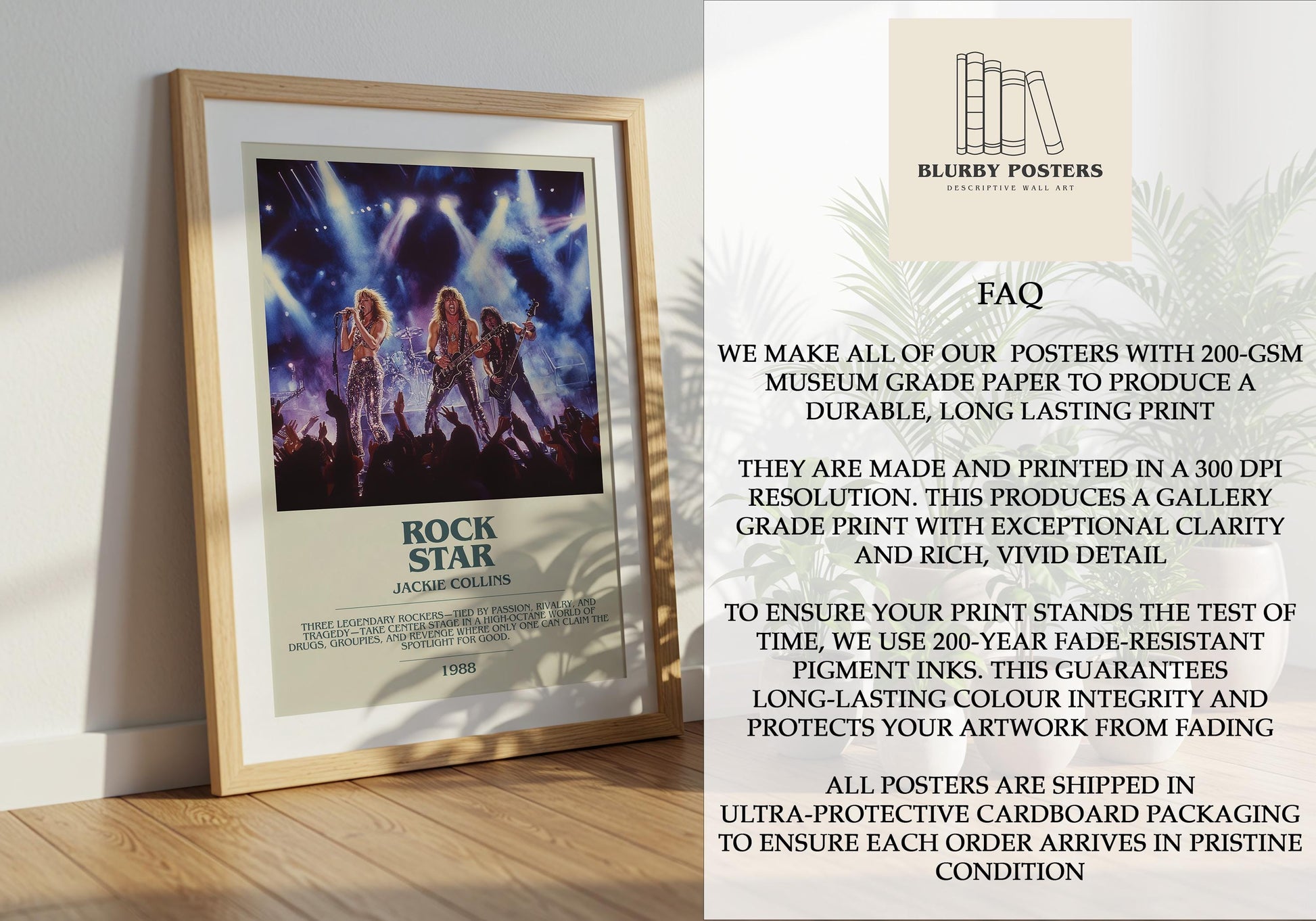 Rockstar by Jackie Collins Descriptive Poster Print. Free Delivery Wall Art Author & Blurb Book Artwork Novel