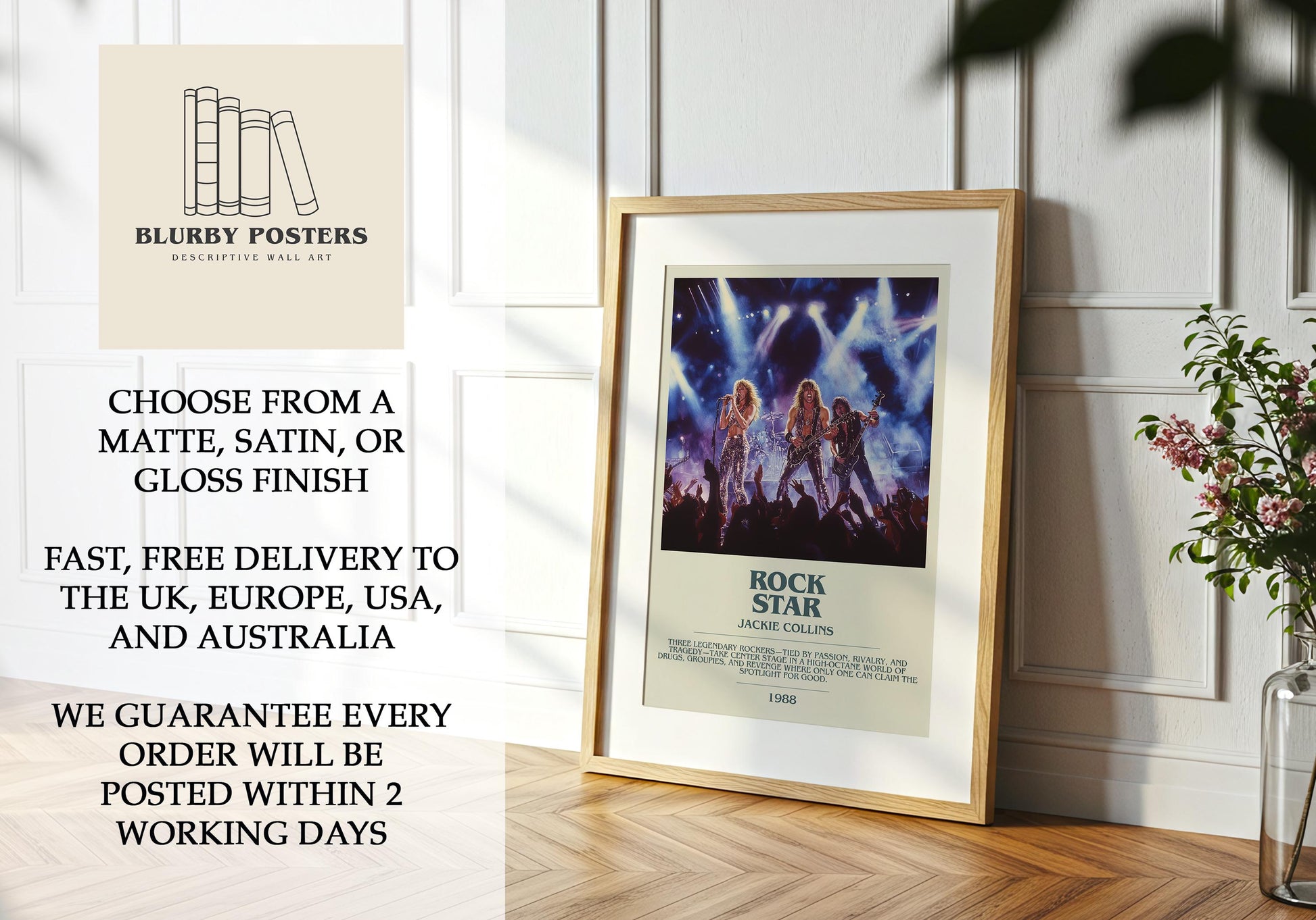 Rockstar by Jackie Collins Descriptive Poster Print. Free Delivery Wall Art Author & Blurb Book Artwork Novel