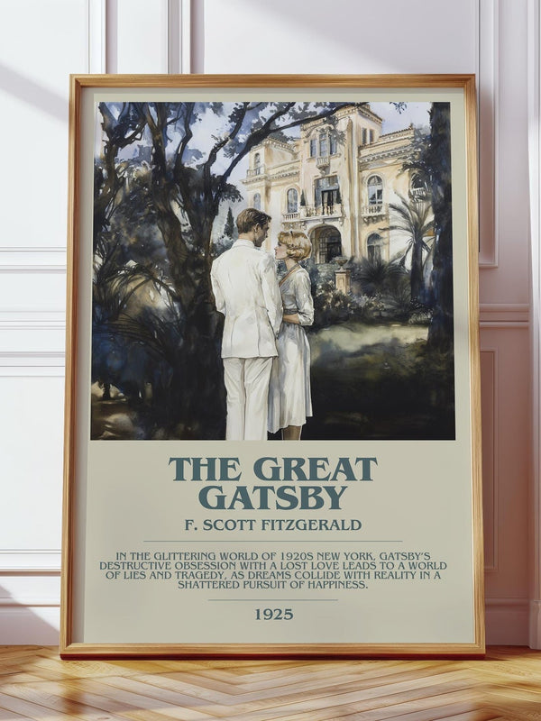 The Great Gatsby bookish print in frame leaning in hallway – classic literature wall art