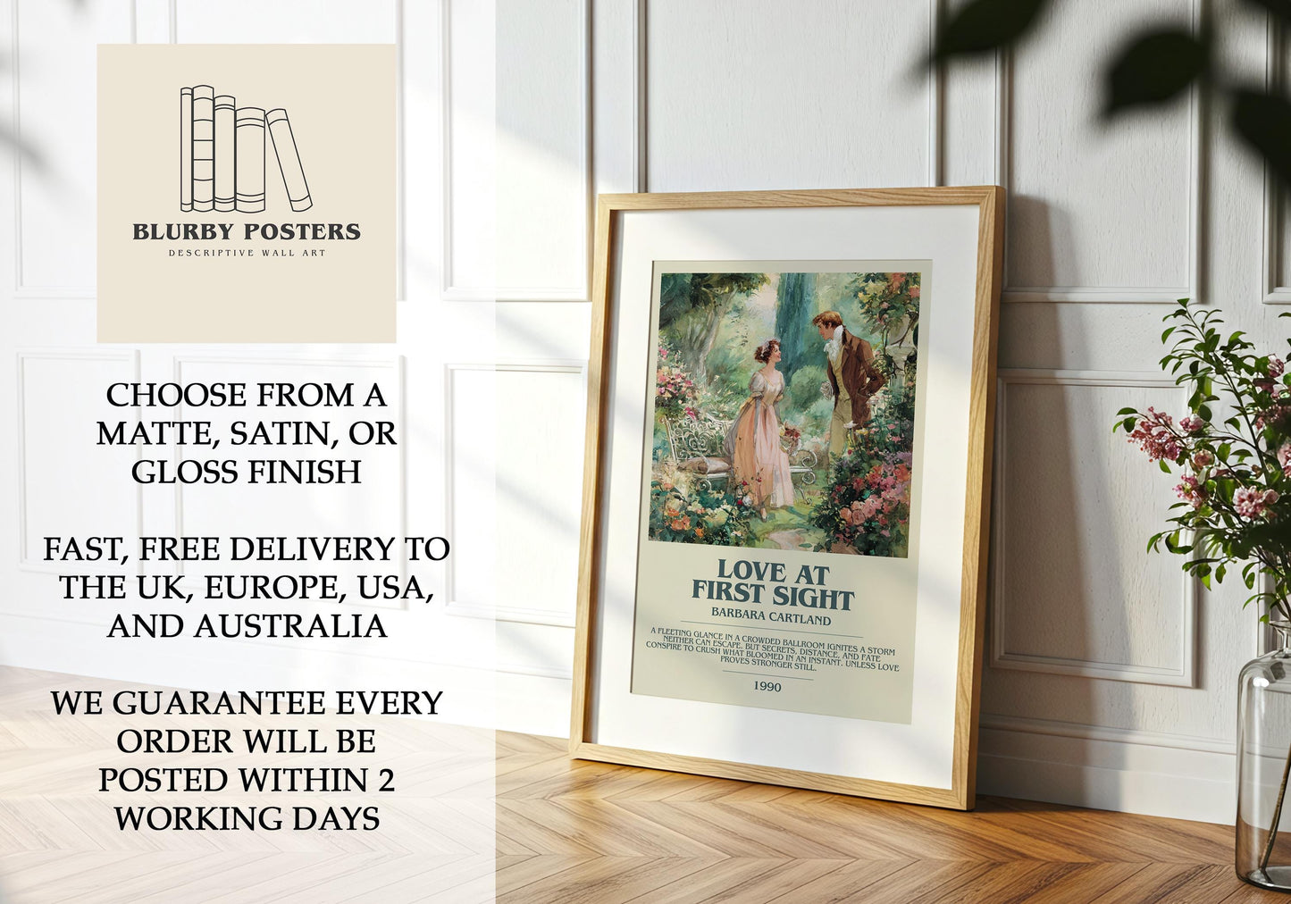 Love At First Sight by Barbara Cartland | Descriptive Book Poster | Modern