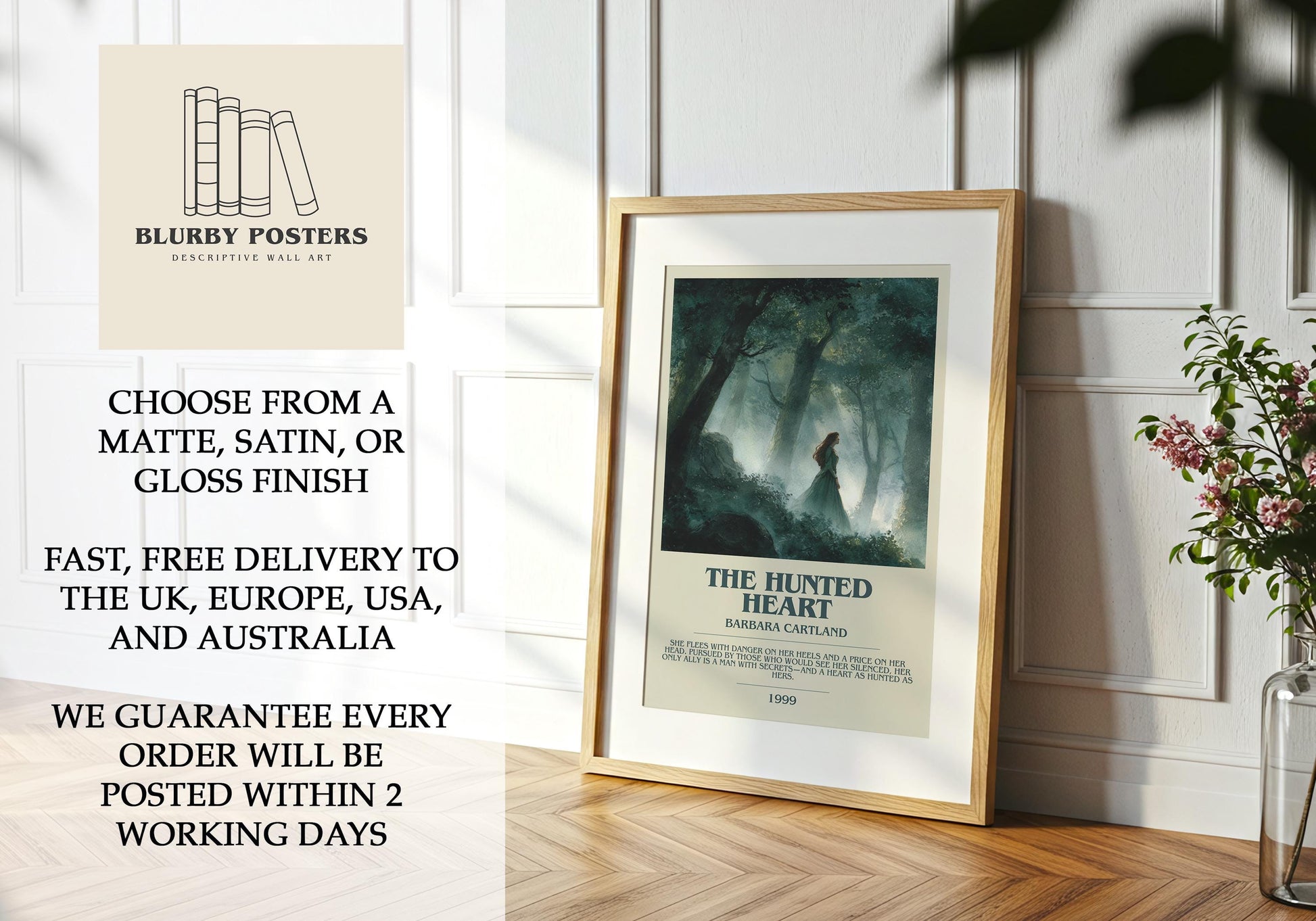 The Hunted Heart by Barbara Cartland | Descriptive Book Poster | Modern