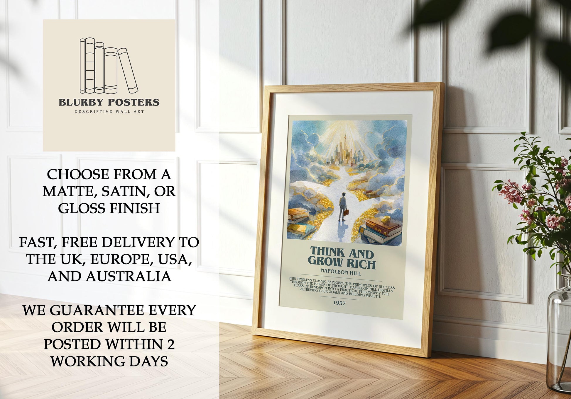 Think and Grow Rich by Napoleon Hill | Descriptive Book Poster | Modern