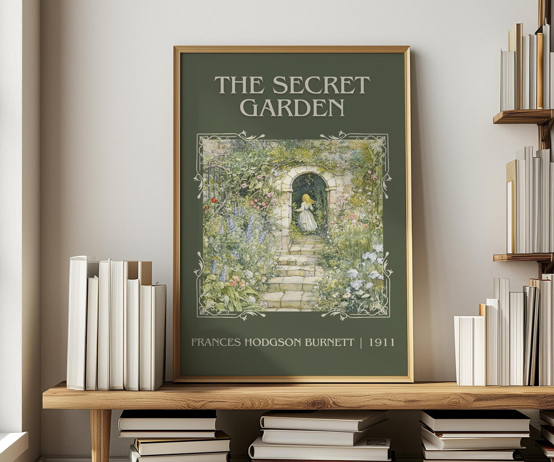 The Secret Garden classic book art print in frame leaning in hallway – childrens wall art (mockup)
