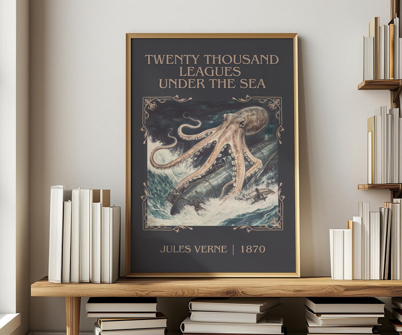 Twenty Thousand Leagues Under the Sea classic book art print in frame leaning in hallway – adventure wall art