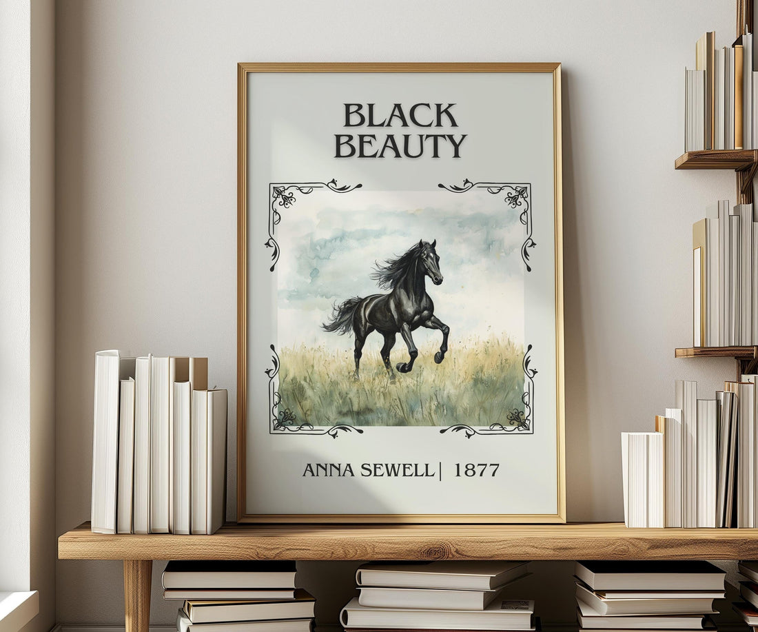 Black Beauty classic book art print in frame leaning in hallway – classic literature wall art (mockup)