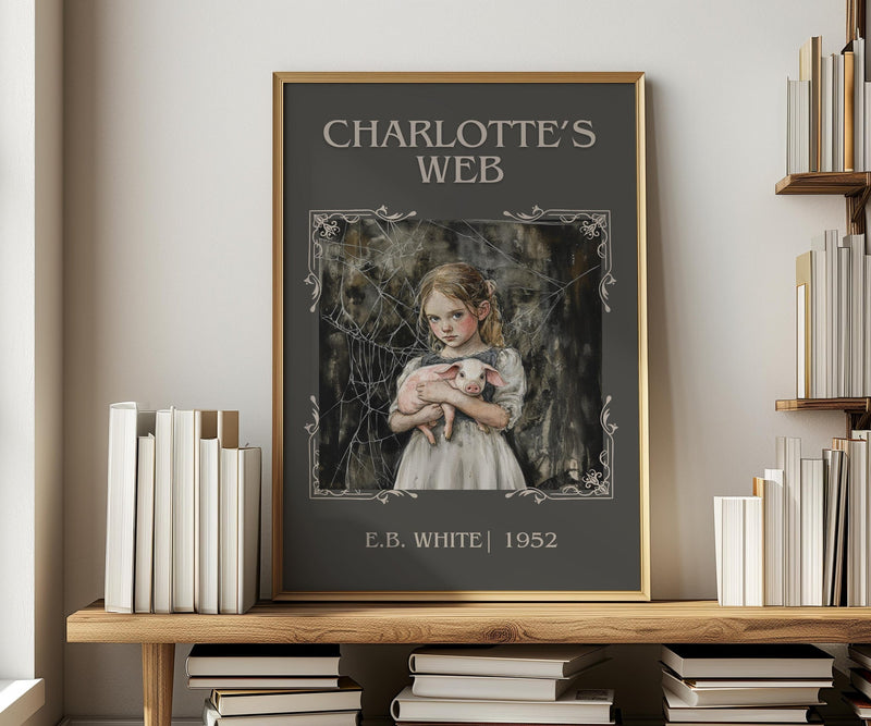 Charlotte's Web classic book art print in frame leaning in hallway – childrens wall art