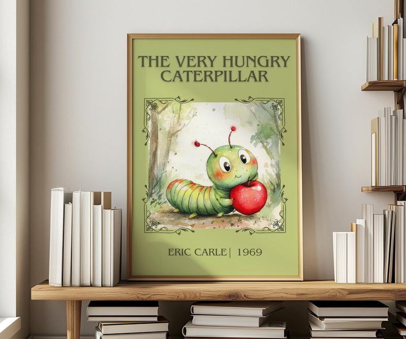 The Very Hungry Caterpillar classic book art print in frame leaning in hallway – childrens wall art
