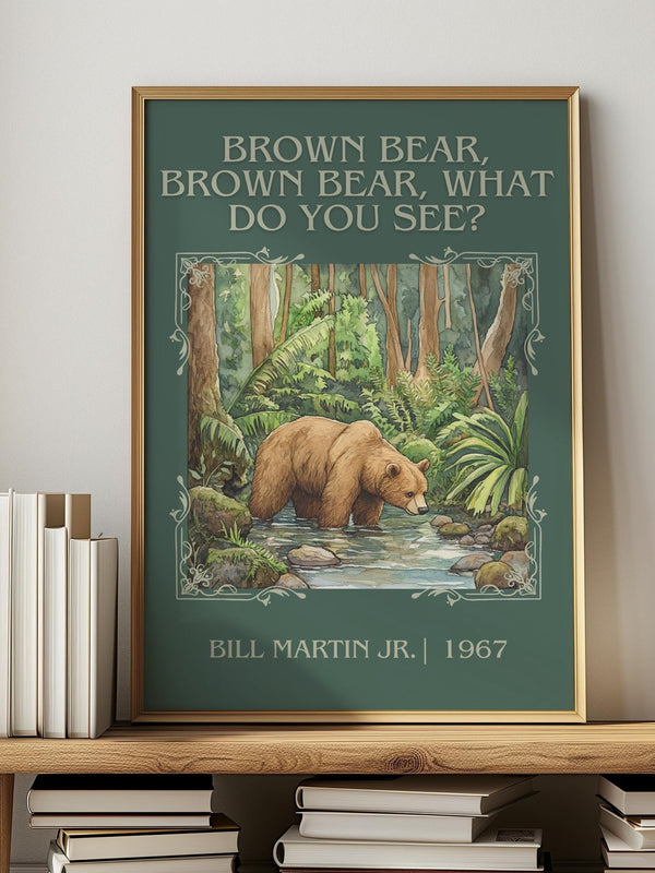 Brown Bear, Brown Bear, What Do You See? classic book art print in frame leaning in hallway – childrens wall art