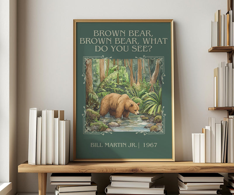 Brown Bear, Brown Bear, What Do You See? classic book art print in frame leaning in hallway – childrens wall art