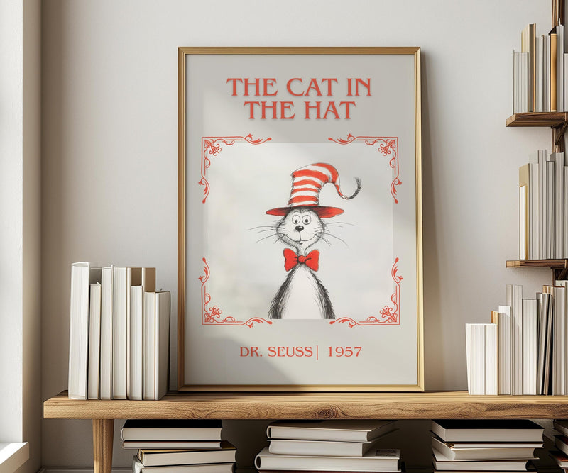 The Cat in the Hat classic book art print in frame leaning in hallway – childrens wall art