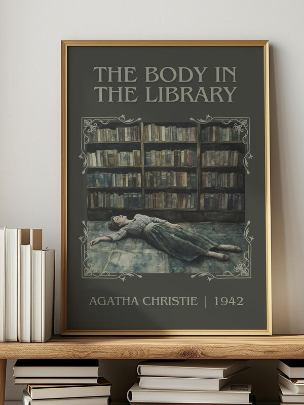 The Body in the Library classic book art print in frame leaning in hallway – mystery wall art