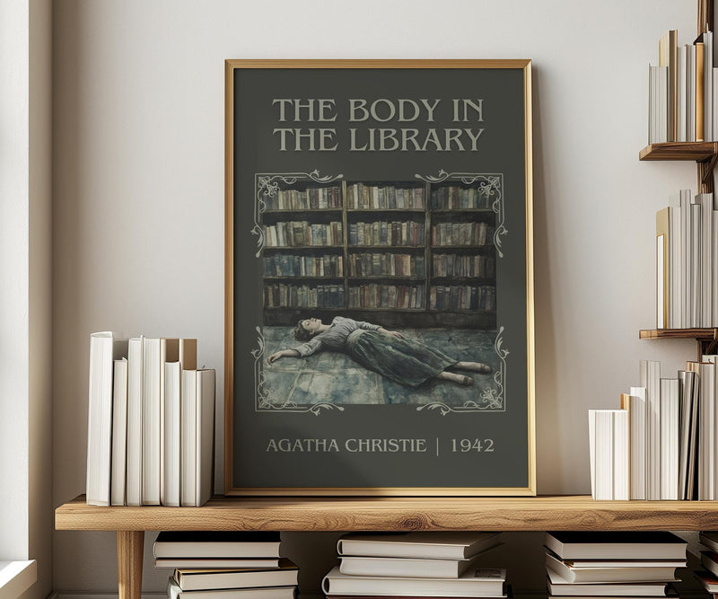 The Body in the Library classic book art print in frame leaning in hallway – mystery wall art