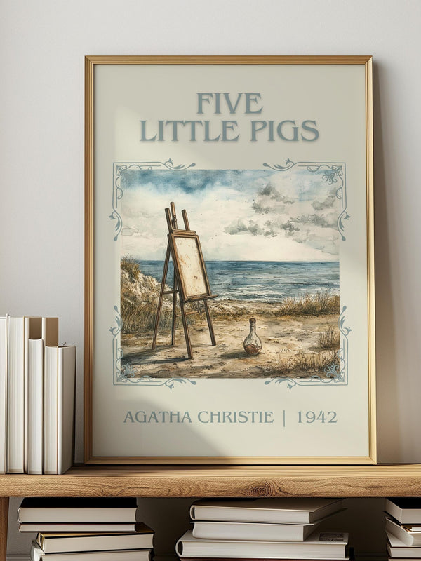 Five Little Pigs classic book art print in frame leaning in hallway – mystery wall art