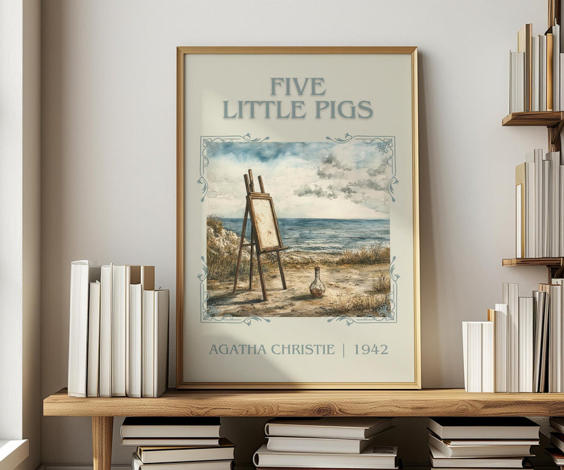 Five Little Pigs classic book art print in frame leaning in hallway – mystery wall art