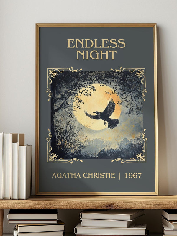 Endless Night classic book art print in frame leaning in hallway – mystery wall art