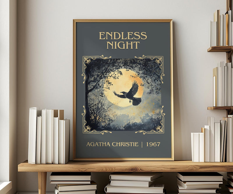 Endless Night classic book art print in frame leaning in hallway – mystery wall art