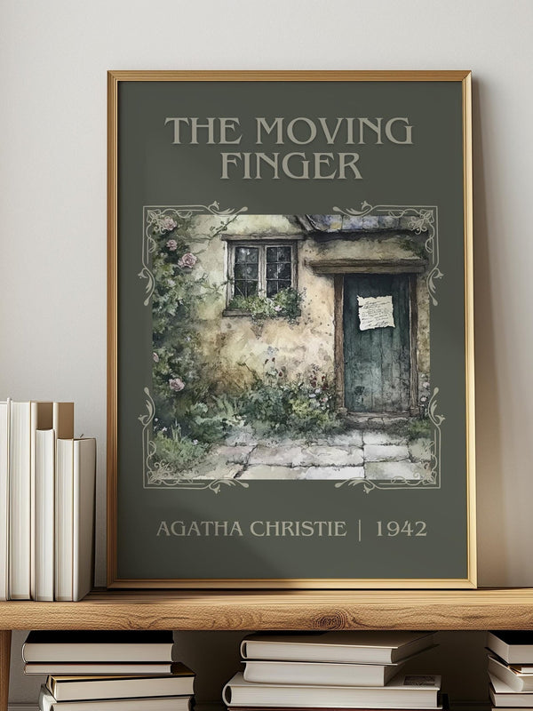 The Moving Finger classic book art print in frame leaning in hallway – mystery wall art