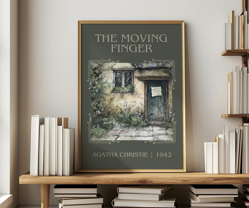 The Moving Finger classic book art print in frame leaning in hallway – mystery wall art