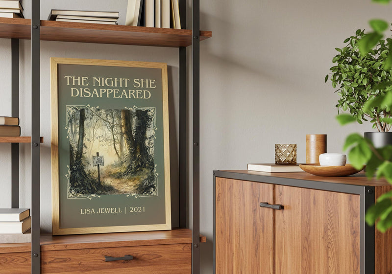 The Night She Disappeared classic book art print framed by window – literary home decor