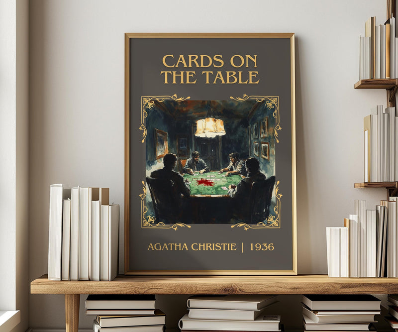 Cards on the Table classic book art print in frame leaning in hallway – mystery wall art