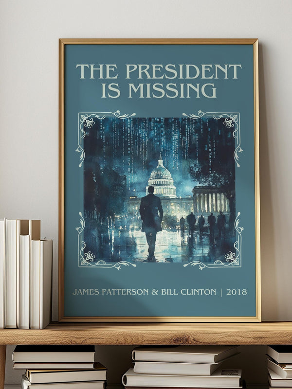 The President Is Missing classic book art print in frame leaning in hallway – thriller wall art