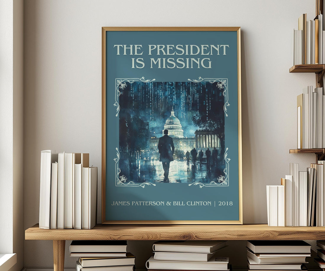 The President Is Missing classic book art print in frame leaning in hallway – thriller wall art (mockup)