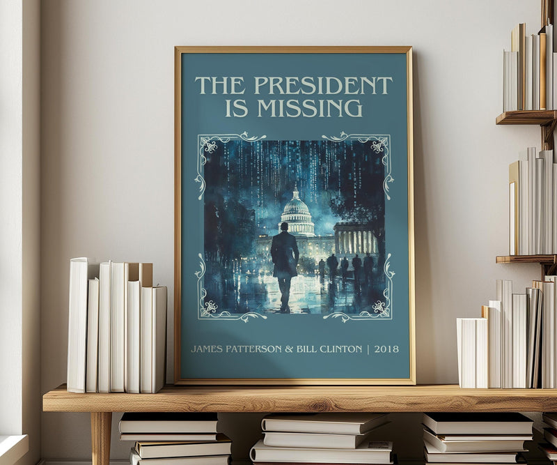 The President Is Missing classic book art print in frame leaning in hallway – thriller wall art