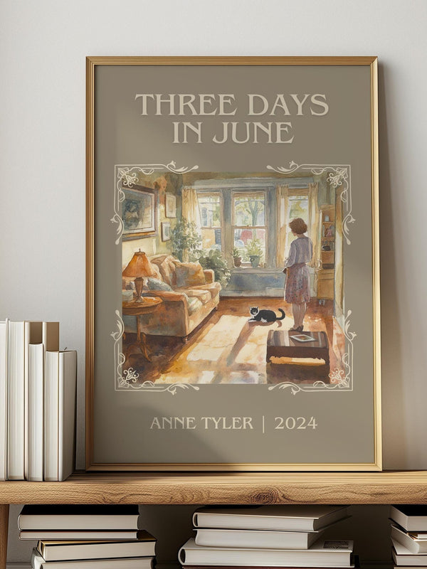 Three Days In June classic book art print in frame leaning in hallway – contemporary fiction wall art