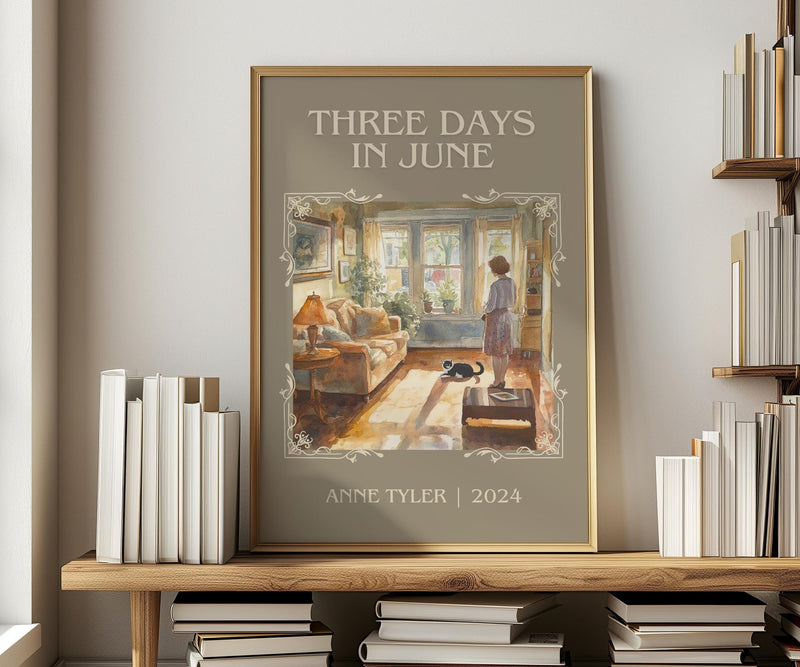 Three Days In June classic book art print in frame leaning in hallway – contemporary fiction wall art