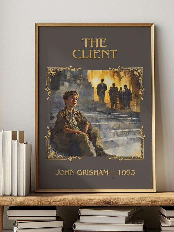 The Client classic book art print in frame leaning in hallway – thriller wall art