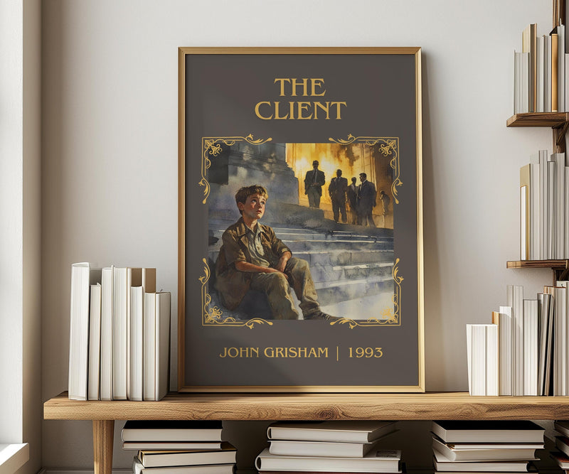 The Client classic book art print in frame leaning in hallway – thriller wall art