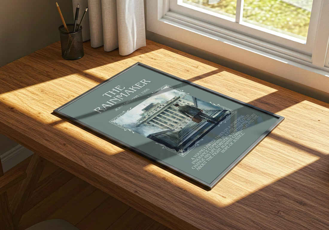 The Rainmaker minimalist print on bookshelf – John Grisham fan gift