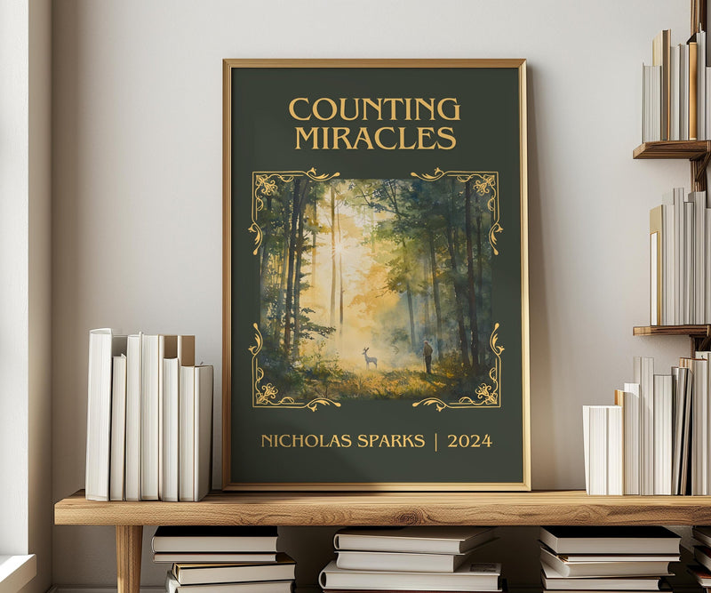 Counting Miracles classic book art print in frame leaning in hallway – romance wall art