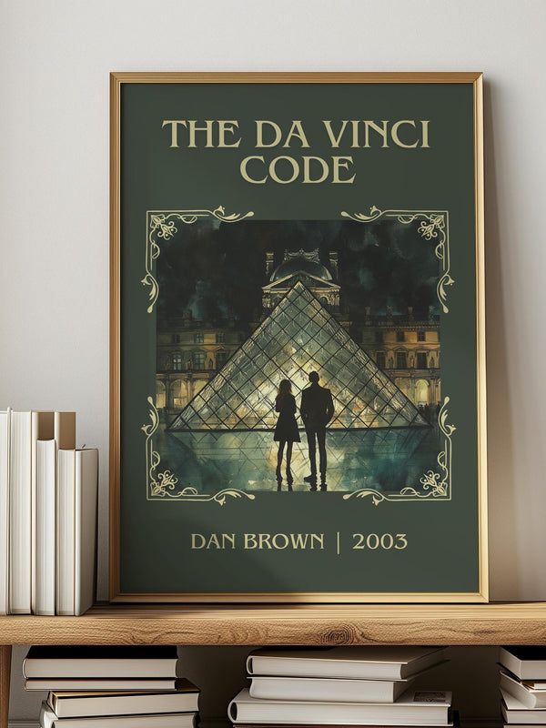 The Da Vinci Code classic book art print in frame leaning in hallway – thriller wall art