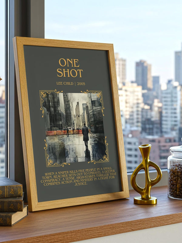 One Shot minimalist print framed by window – literary home decor