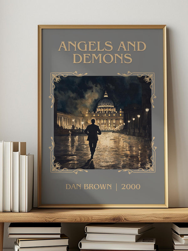 Angels And Demons classic book art print in frame leaning in hallway – thriller wall art