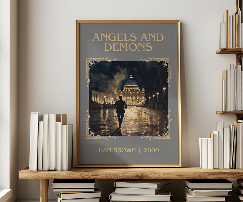 Angels And Demons classic book art print in frame leaning in hallway – thriller wall art