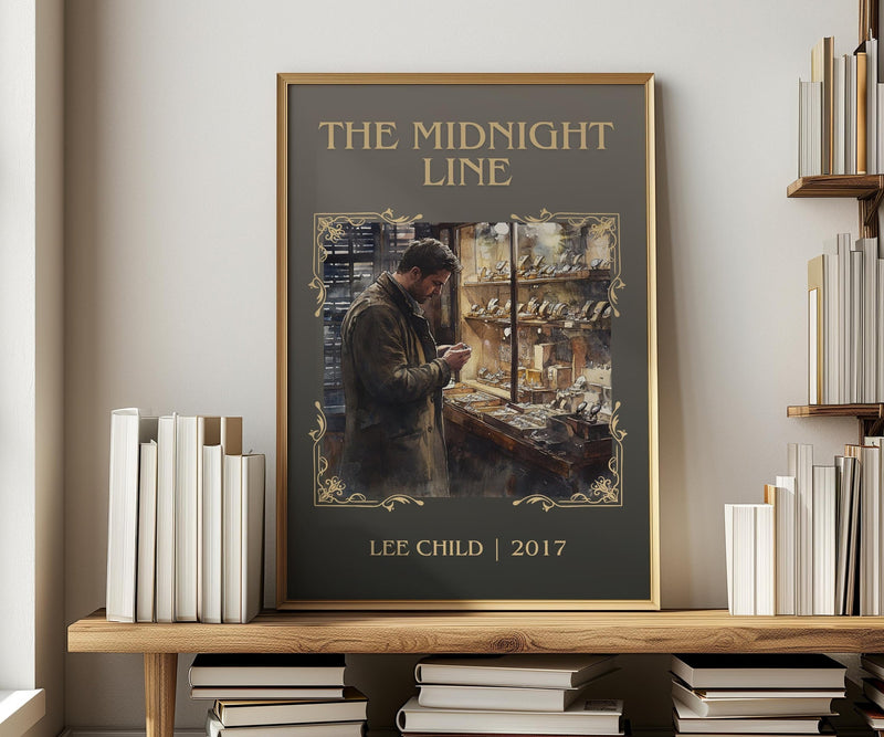 The Midnight Line classic book art print in frame leaning in hallway – thriller wall art
