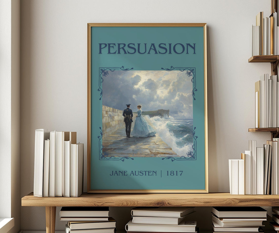 Persuasion classic book art print in frame leaning in hallway – classic literature wall art (mockup)