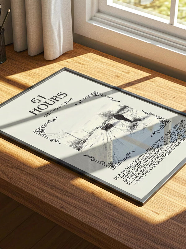 61 Hours minimalist print on bookshelf – Lee Child fan gift