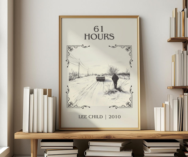 61 Hours classic book art print in frame leaning in hallway – thriller wall art