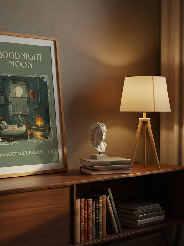 Good Night Moon classic book art print on bookshelf – Margaret Wise Brown fan gift