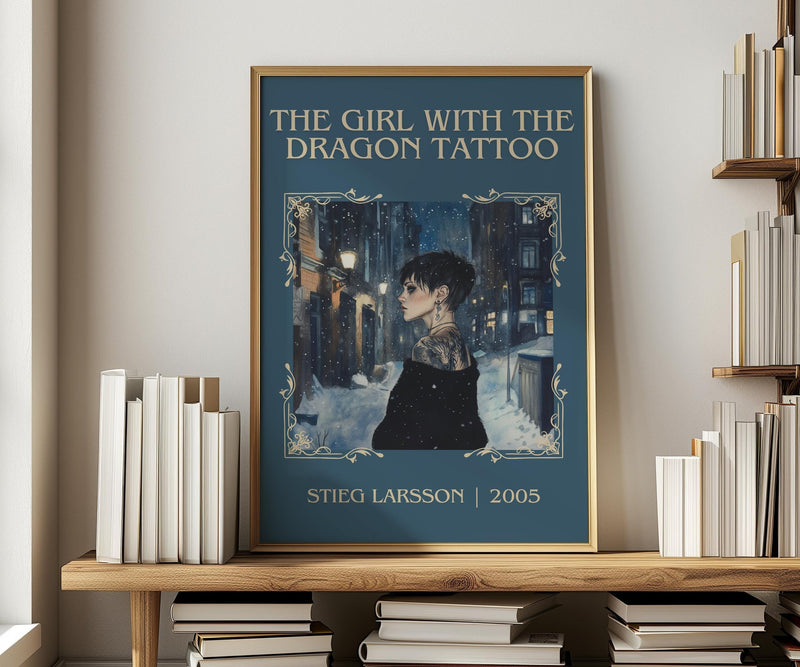 The Girl with the Dragon Tattoo classic book art print in frame leaning in hallway – crime wall art