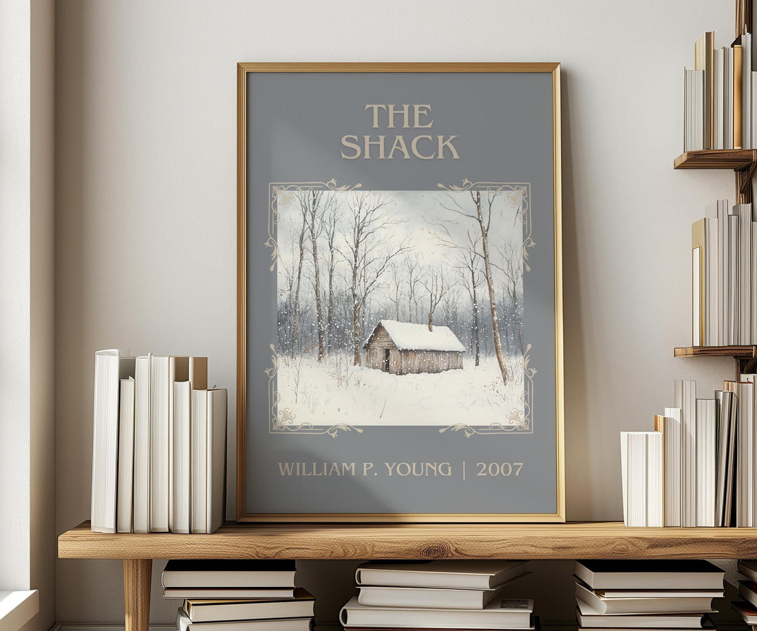 The Shack classic book art print in frame leaning in hallway – non fiction wall art (mockup)
