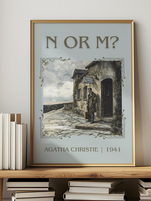 N Or M? classic book art print in frame leaning in hallway – mystery wall art
