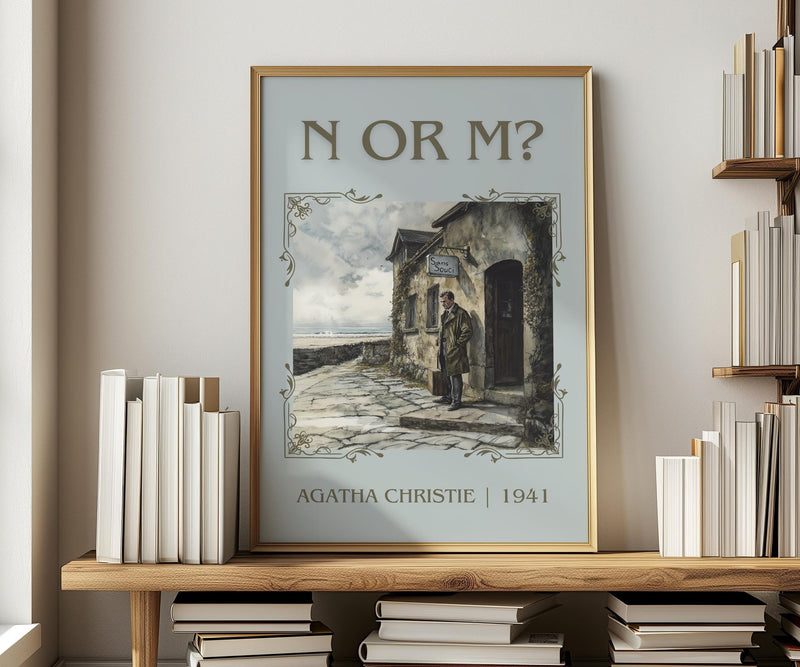 N Or M? classic book art print in frame leaning in hallway – mystery wall art