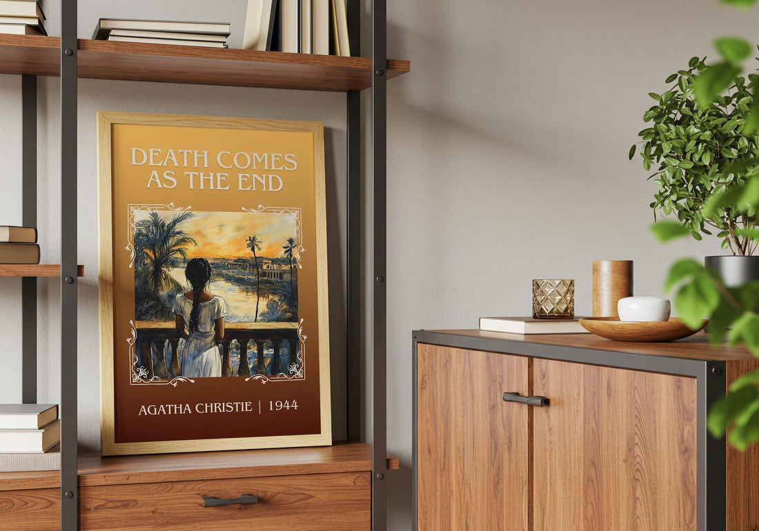 Death Comes as the End classic book art print framed by window – literary home decor (mockup)